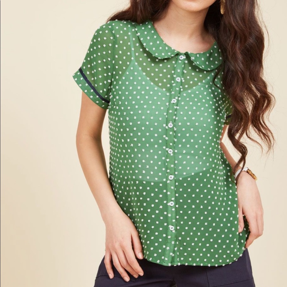 ModCloth Kelly Green Vintage-Inspired Sheer Blouse